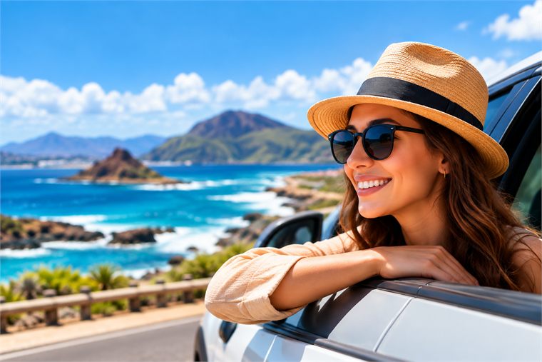 Smiling driver on a coastal road trip